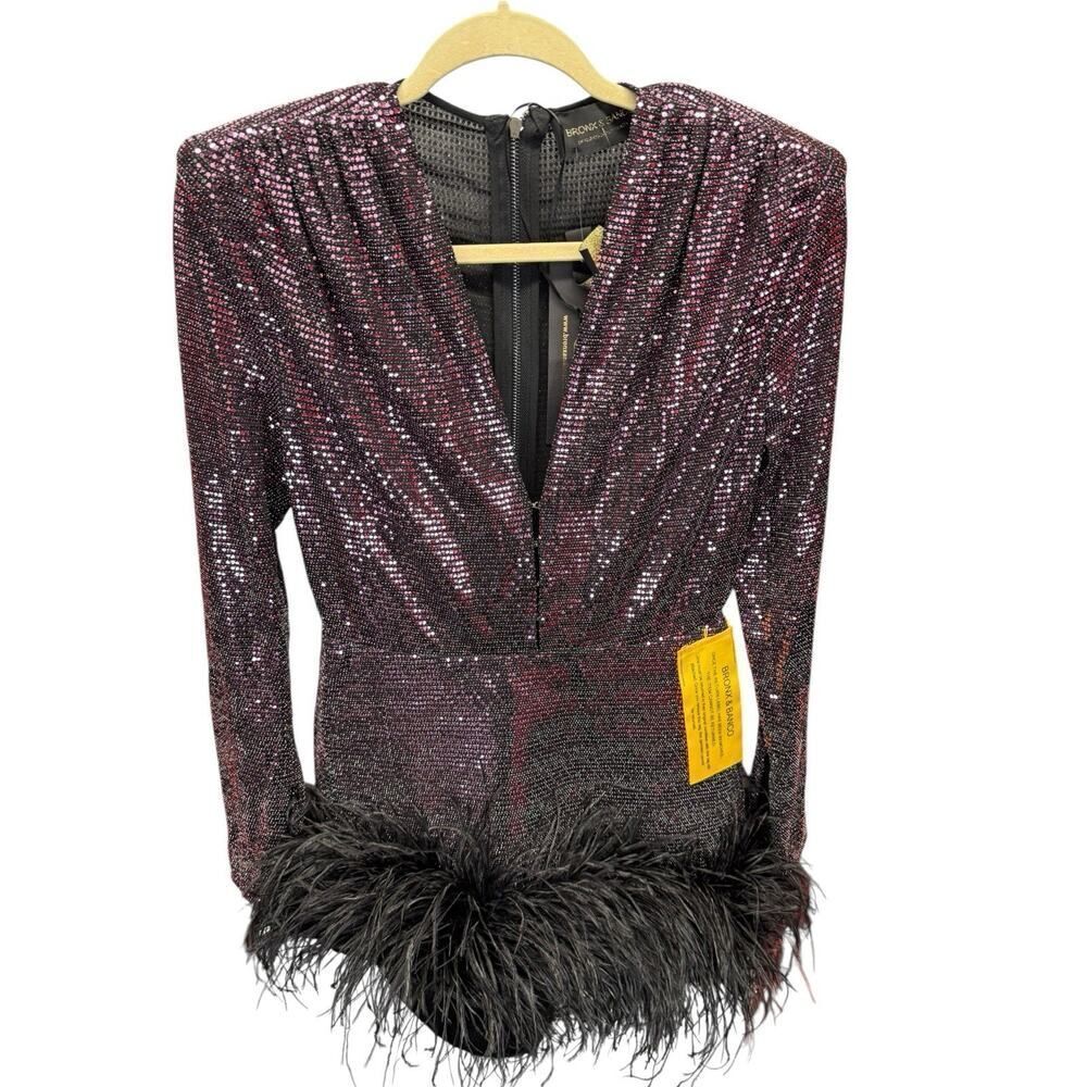 NWT Bronx and Banco Kyoto Sequin Mini Dress Purple Ostrich Feather Hem L - Picture 9 of 13
